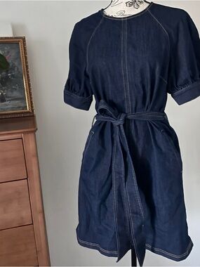 Cinq à Sept Designer Denim Puff Sleeve Dress Size 10 Dark Wash Tie Waist